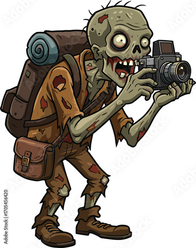 Cartoon zombie character taking photos with a camera, spooky undead traveler illustration perfect for Halloween, photography, tourism, horror, and adventure designsCartoon zombie character taking 