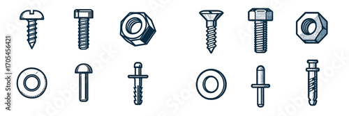 Various metal fasteners for construction and repair work, including screws, bolts, nuts, and washers, essential for building projects