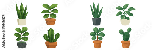 Diverse collection of green potted houseplants and succulents featuring a modern geometric low poly design