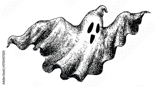 Spooky Hand Drawn Halloween Flying Ghost Vector Illustration