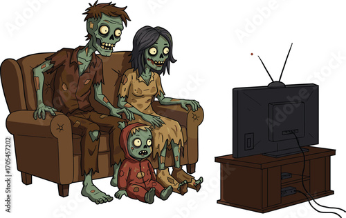 Cartoon zombie family watching TV on a couch, creepy undead parents and child illustration perfect for Halloween, horror, entertainment, and spooky contentCartoon zombie family watching TV on a 