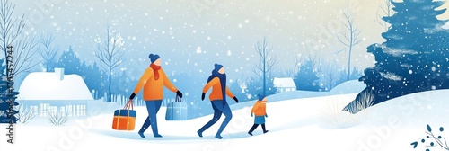 Family enjoying a winter walk carrying gifts in a snowy landscape