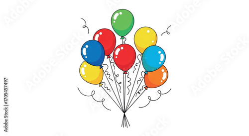 Bunch of colorful balloons floating with streamers.