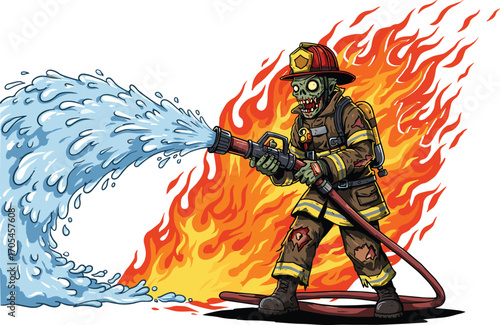 Cartoon Zombie Firefighter Wearing Protective Gear Extinguishing Large Flames with Water Hose, Unique Horror Vector Illustration Perfect for Halloween and Firefighter ThemesCartoon Zombie Firefighter 