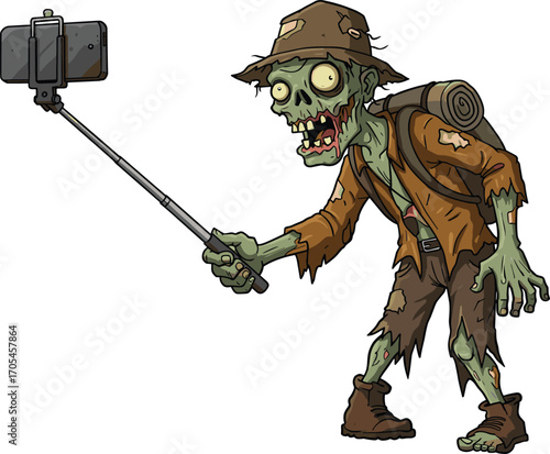 Cartoon zombie hiker taking a selfie with a selfie stick, undead character with backpack and hat, humorous hiking adventure, spooky Halloween theme vector  