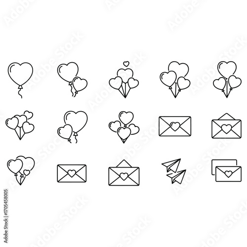 Vector art of set of simple line art icons representing love and communication, including hearts, balloons, and envelopes