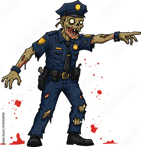 Cartoon zombie police officer pointing with aggressive expression, wearing tattered uniform and gear, horror Halloween vector concept for undead enforcement 
