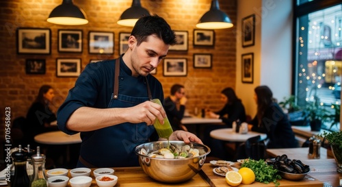 Focused Chef Preparing Food with Green Sauce in Restaurant Interior