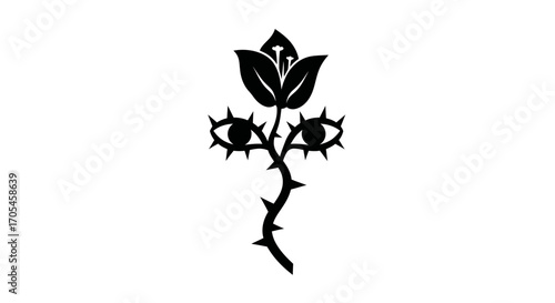 Surreal black silhouette of a thorny flower with eyes.