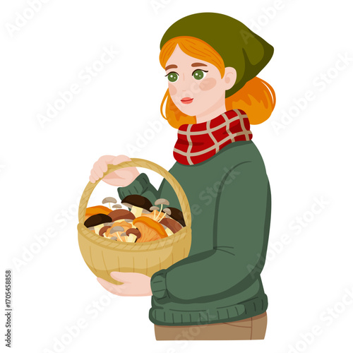 Young Happy Woman Harvesting Mushrooms in Forest