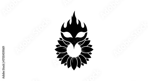 Stylized black silhouette of a fiery mask and sunflower.