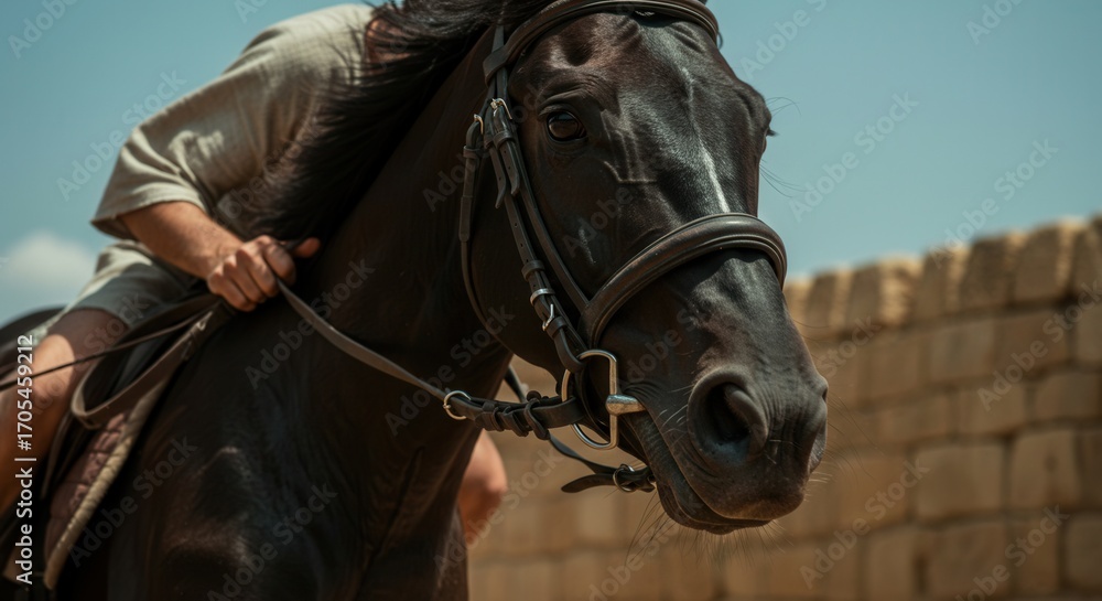 Fototapeta premium Close up of a man riding a horse with bridle and saddle. Equestrian sport or biblical times historical reenactment concept.
