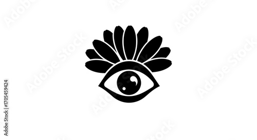 Simple black and white icon of an eye with floral eyelashes.