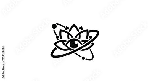 Spiritual science symbol with lotus eye and atomic orbits.