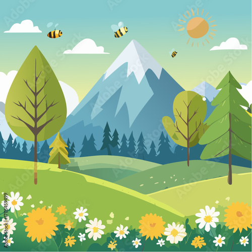 Nature and landscape. Vector illustration of trees, forest, mountains, flowers, bee, plants, field. Picture for background, card or cover