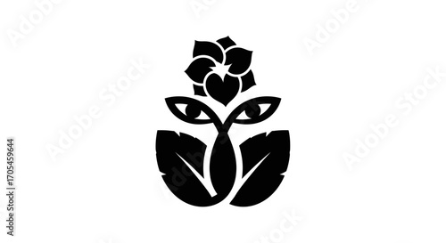 Stylized black silhouette of a plant with a flower and eyes.