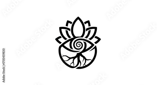 Mystical spiritual symbol with lotus flower eye and roots.