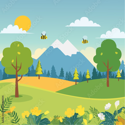 Nature and landscape. Vector illustration of trees, forest, mountains, flowers, bee, plants, field. Picture for background, card or cover