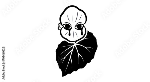 Surreal black and white illustration of a crying pansy flower with a face.