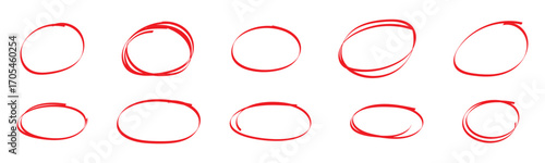 red pen hand drawn doodle marks, red circle and oval stroke set. Outline red drawing line clipart symbol. hand drawn red circle. brush drawn highlight marker. eps 10