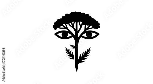 Abstract Tree Face with Eyes and Plant Elements.
