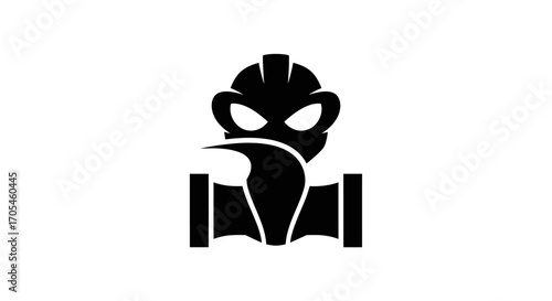 Black silhouette of a bird with a hard hat on a pipe symbolizing industrial safety and avian presence.
