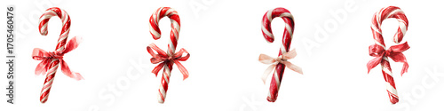 Set of watercolor Christmas candy cane with ribbon, isolated on transparent background.