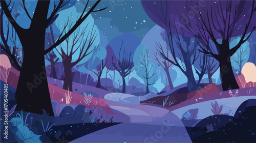 Enchanting Magic Evening Night Forest Cartoon Landscape