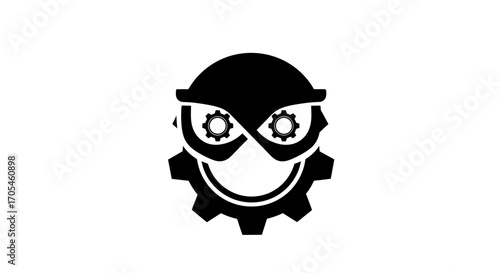Stylized mechanical villain face with gear elements.