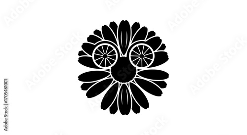 Abstract black flower icon with bicycle wheel eyes graphic.