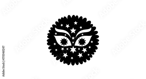 Stylized celestial mask with star shaped eyes logo.
