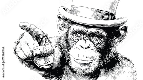 Clever Monkey in Stylish Hat Pointing Finger - Black and White Vector Illustration