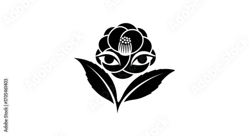 Stylized Black Camellia Flower with Surreal Watching Eyes.
