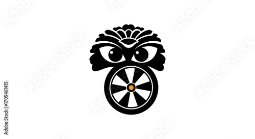 Stylized black owl icon with a wheel body and flower head.