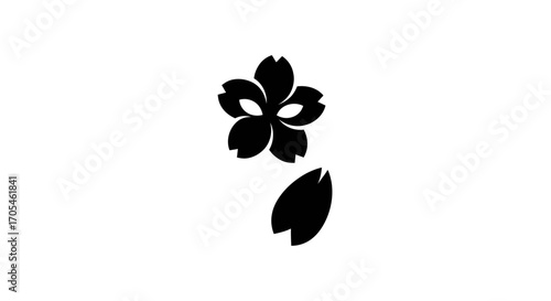 Black silhouette of a Japanese cherry blossom with a falling petal.
