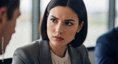 Displeased woman looking skeptically at colleague during a meeting