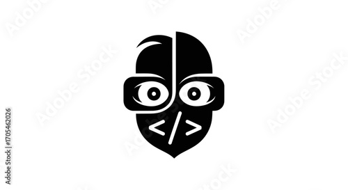 Stylized black icon of a programmer face with coding symbols.