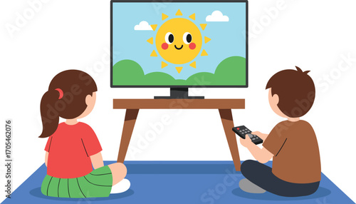 Two children sitting on rug watching television, girl and boy enjoying cartoon sun program, home entertainment and leisure scene, flat vector illustration