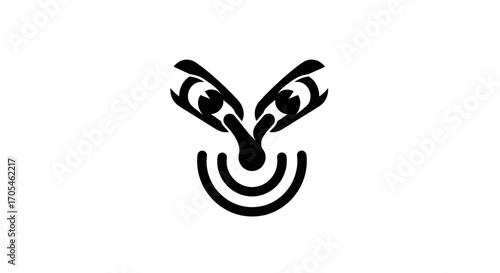 Abstract tribal face symbol with intense focused eyes.