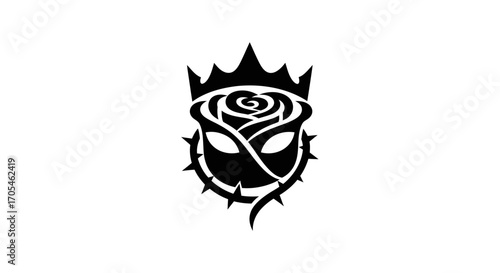 Stylized black rose crowned with thorns and regal emblem graphic design.