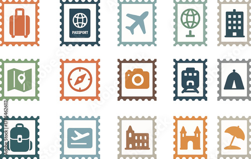 Travel Postage Stamps Icon Set – Flat Solid Color Vector Illustrations