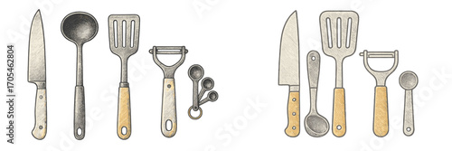 Collection of essential kitchen cooking utensils and food preparation tools including knife ladle spatula peeler and measuring spoons