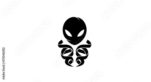 Stylized black silhouette of an alien head with octopus tentacles.