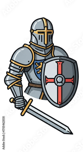 Medieval Knight in Full Armor Holding Sword and Shield.