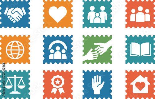 Social Values Postage Stamps Icon Set – Flat Solid Color Vector Illustrations