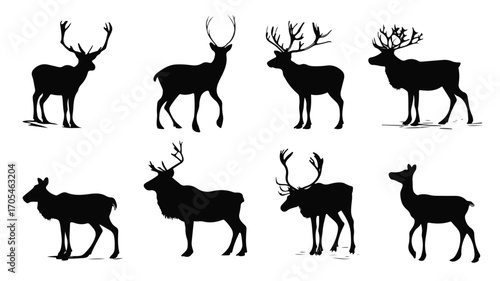 Set of Black Silhouettes of Reindeer Vector - Versatile and Impactful Wildlife Illustrations