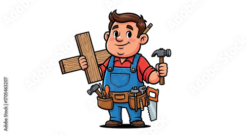 Cartoon Carpenter Holding Wood and Tools.