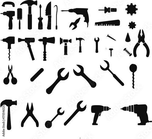 DIY Tools Icons Collection Hammer Wrench Drill Screwdriver Pliers Set