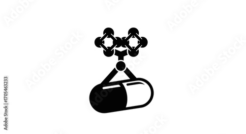 Stylized molecule icon holding a large pharmaceutical capsule.