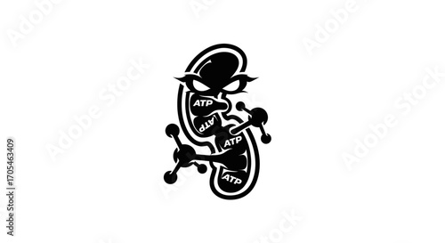 Angry cartoon kidney character mascot with ATP molecules.